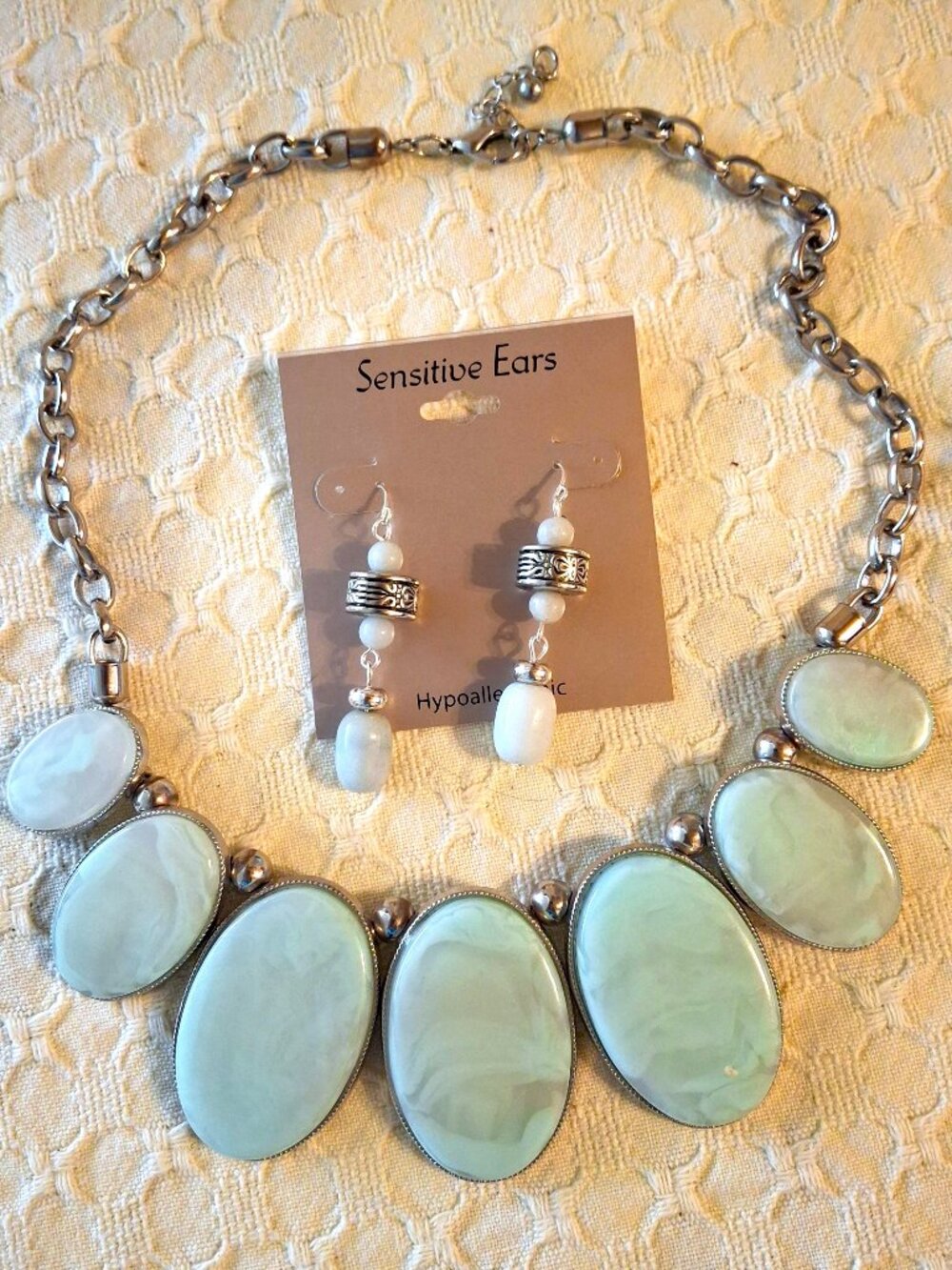 Chunky Mint Green Bib Statement Necklace with Earrings